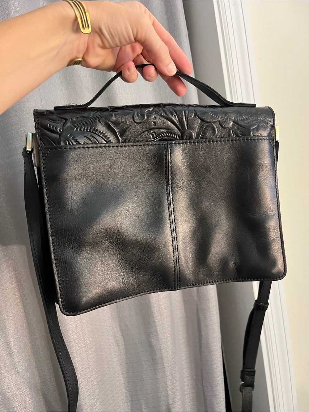 Patricia Nash Black Embossed Leather Satchel Crossbody - Picture 5 of 9